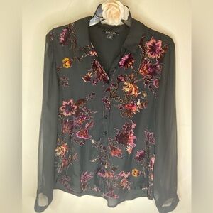 Roz & Ali~Sheer Black Fabric~Crushed Velvet Floral Design~Long Sleeves~Size S